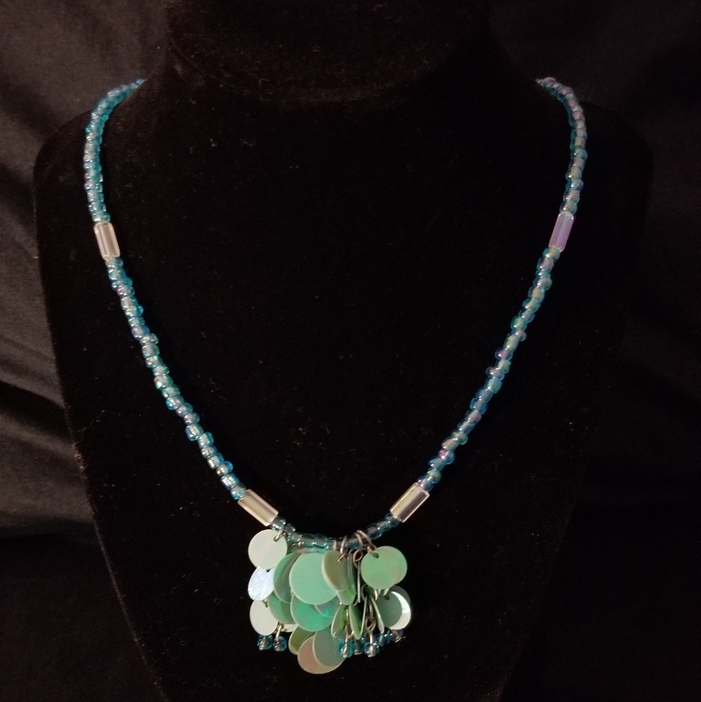 Blue Iridescent Beaded Necklace